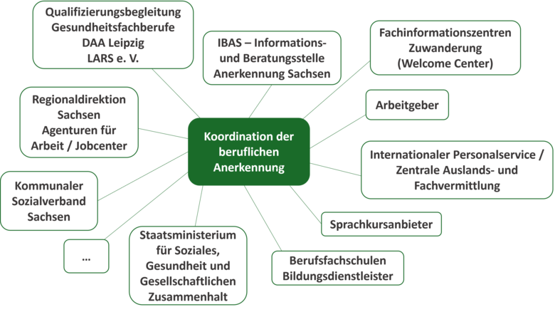 Mindmap zur Koordination der beruflichen Anerkennung mit Schlagwörtern: u. a. Arbeitgeber, Bildungsdienstleister, Sprachkursanbieter